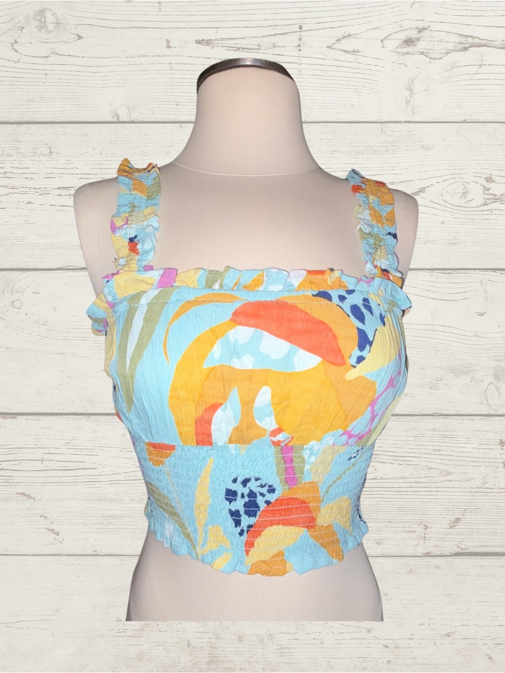 NWT Angie Floral Crop Top Ruffle Strap Smocked Blue Multi Boho Festival Sz M